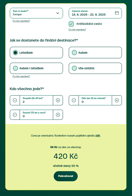 Cenu pojištění si lze spočítat v online kalkulačce.